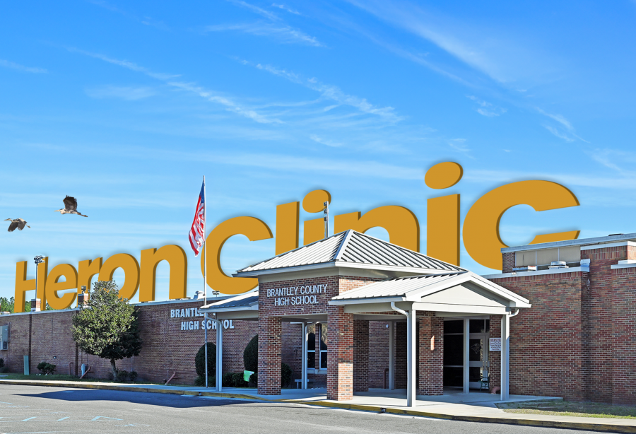 Photo of Brantley County High School with the words "Heron Clinic" fixed above it.